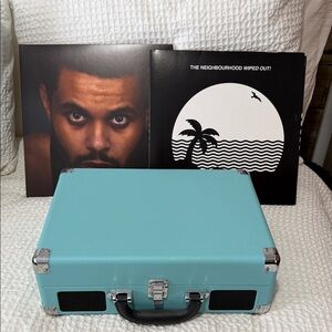 Turquoise Record Player with Vinyl Records